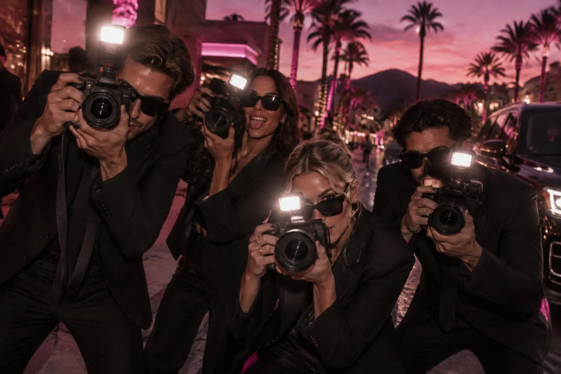 Scottsdale paparazzi crew in black with cameras and flashes under pink evening light