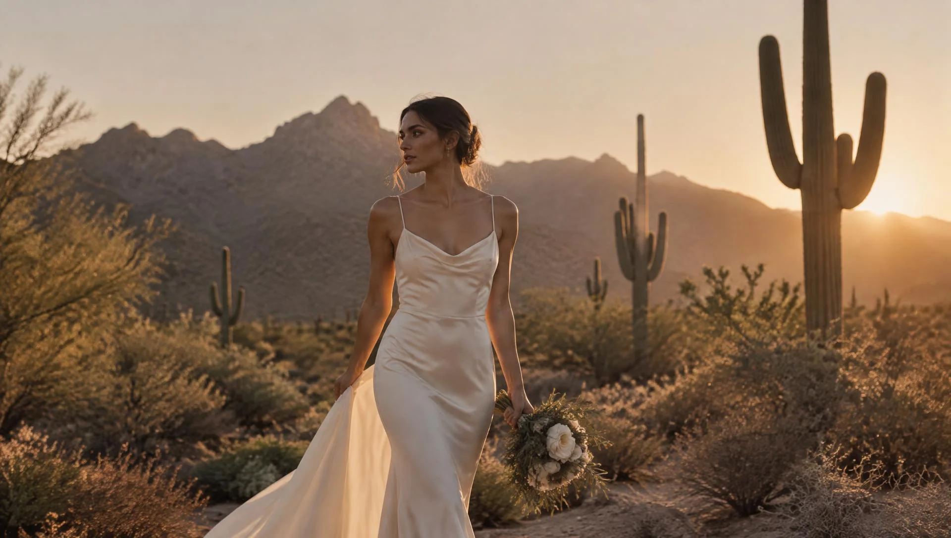 Bride walking through the Sonoran desert at golden hour